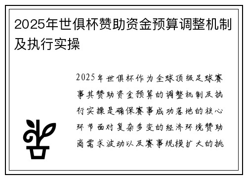 2025年世俱杯赞助资金预算调整机制及执行实操