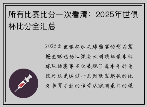 所有比赛比分一次看清：2025年世俱杯比分全汇总