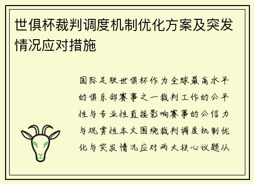 世俱杯裁判调度机制优化方案及突发情况应对措施