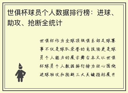 世俱杯球员个人数据排行榜：进球、助攻、抢断全统计