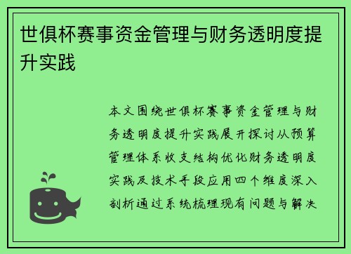 世俱杯赛事资金管理与财务透明度提升实践
